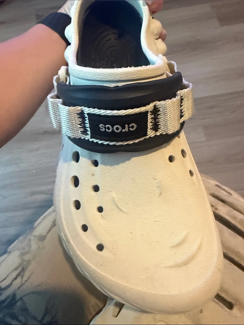 CROCS Cream Clogs with Black Accent Strap